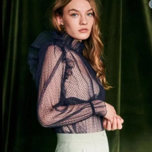 Sezane Tops - Sézane Navy Sheer Polka Dot Ruffle Blouse